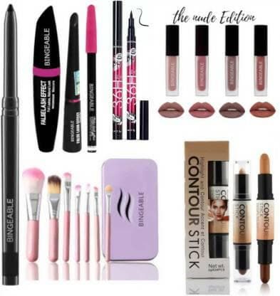 Bingeable Kajal& 3 In1 Waterproof Eyeliner, mascara, Kajal& 36H Eyeliner& 7 Pcs Brush(HK )& 2in1 Contour Stick& 4 Pcs Nude Lipstick (9 Items in the set) - HalfPe