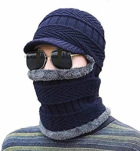 Solid Hat And Scarf One Piece Hat, Winter Fleece Lining Wool Beanie Hat Neck Warmers Two In One For Men's & Women's Cap - HalfPe