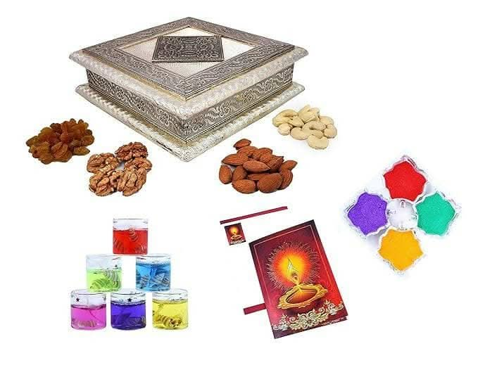 MANTOUSS Diwali Oxidised Dry Fruit Hamper/Pack/Combo-Cashew,Almond,Walnut and Raisin (100gms Each) 400gms + 2 Gel Filled Glass Candle,Diwali Greeting Card and Rangoli Colours - HalfPe