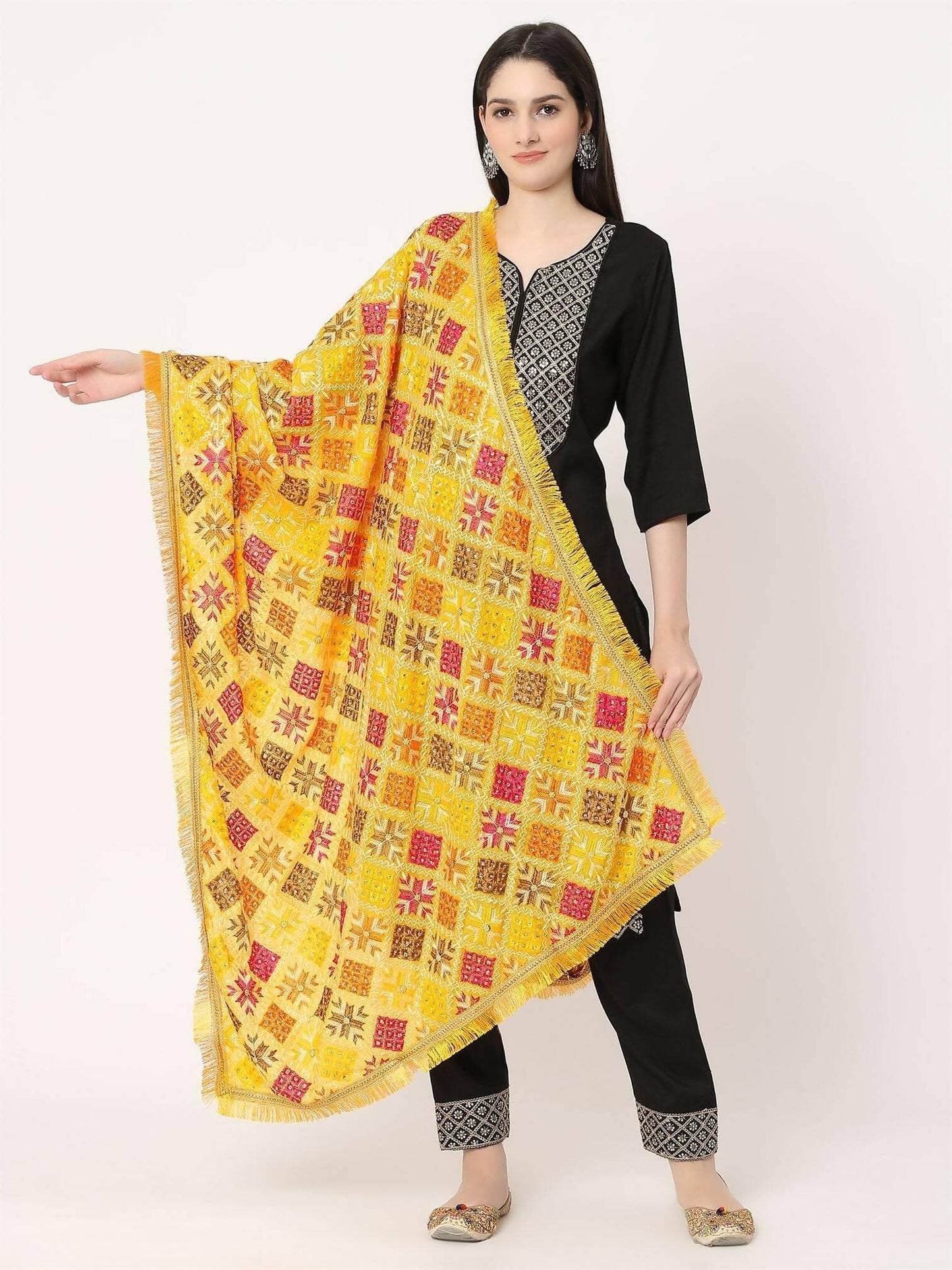 Yellow Multicolour Embroidery Phulkari Dupatta with Beads - HalfPe