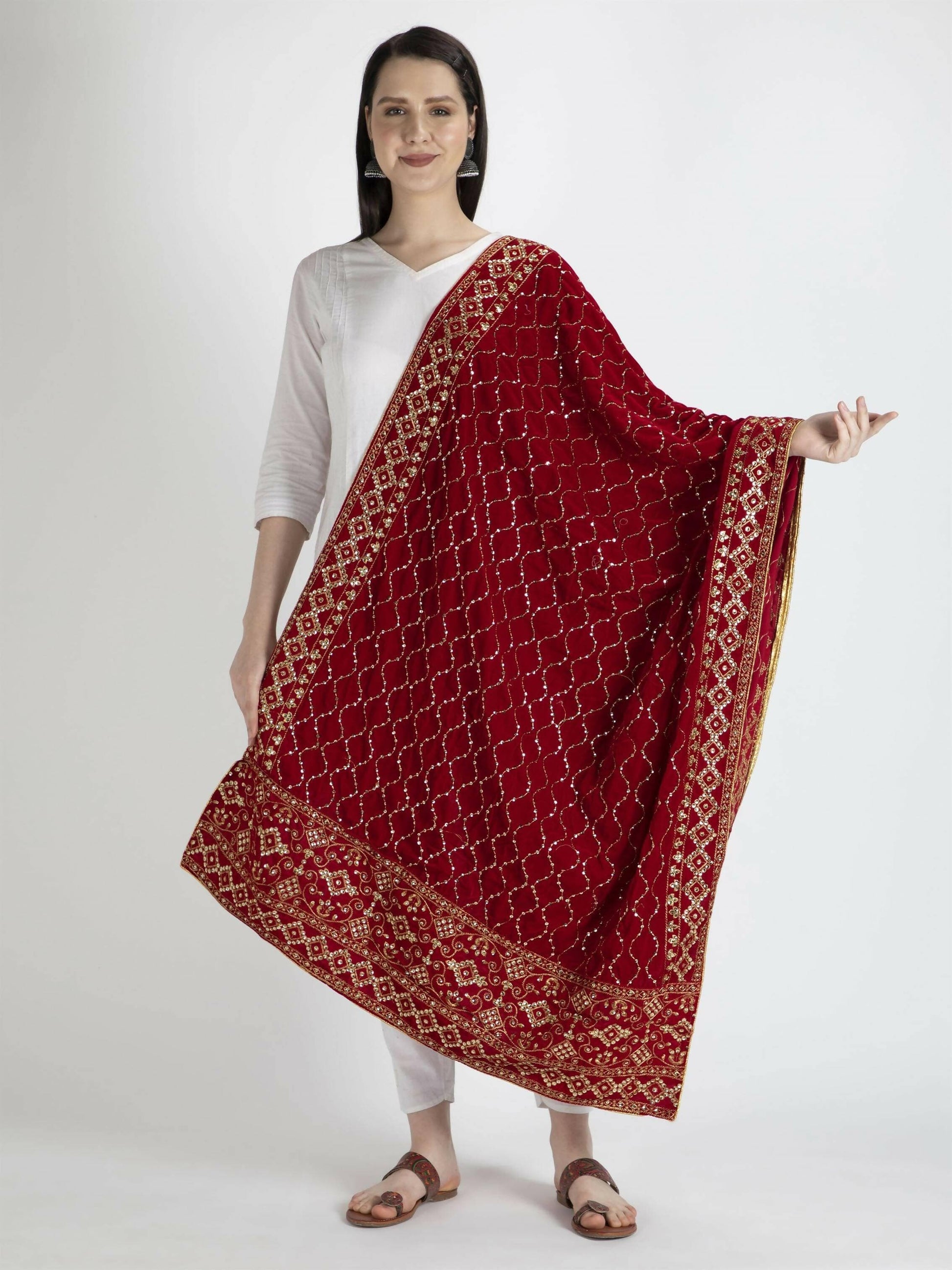 Red Embroidered Shawl Dupatta For Women - HalfPe