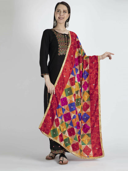 Multicolour Phulkari with gold Lace dupatta - HalfPe