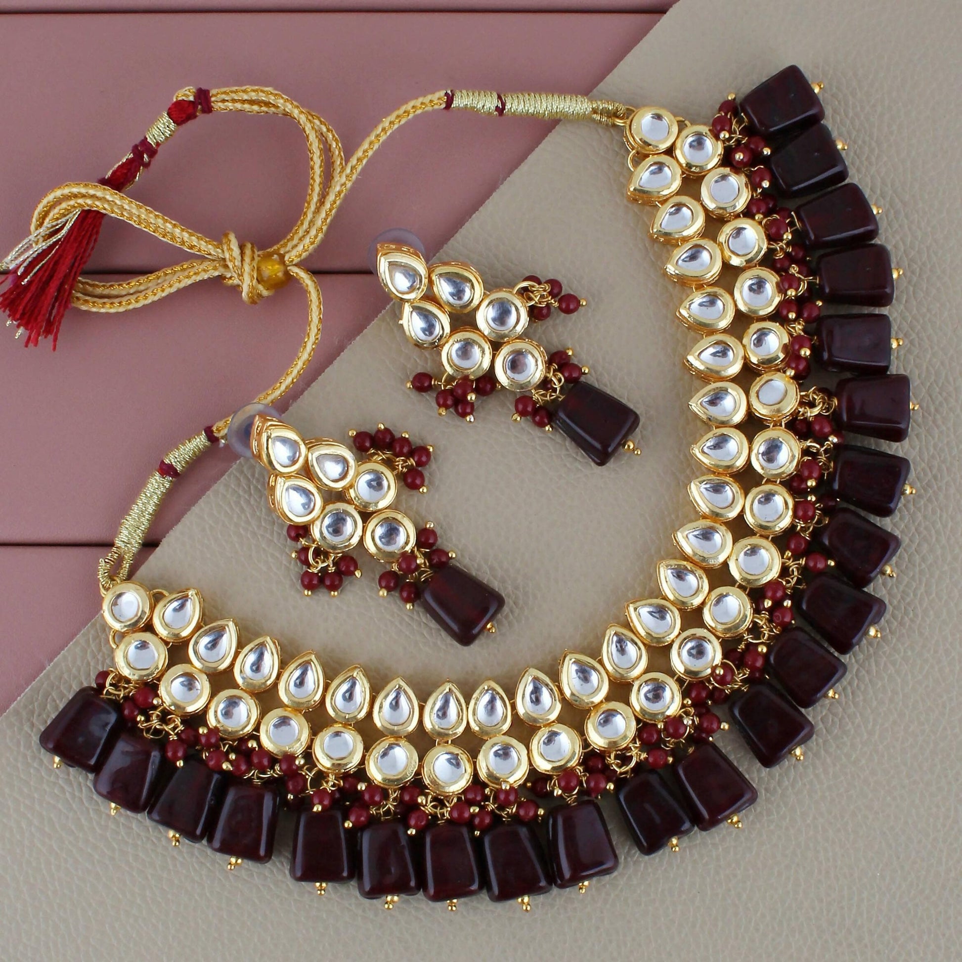 LUCKY JEWELLERY Back Meenakari 18k Gold Plated Maroon Color Earring Combo Uncut Big Faux Kundan Choker Necklace set - HalfPe