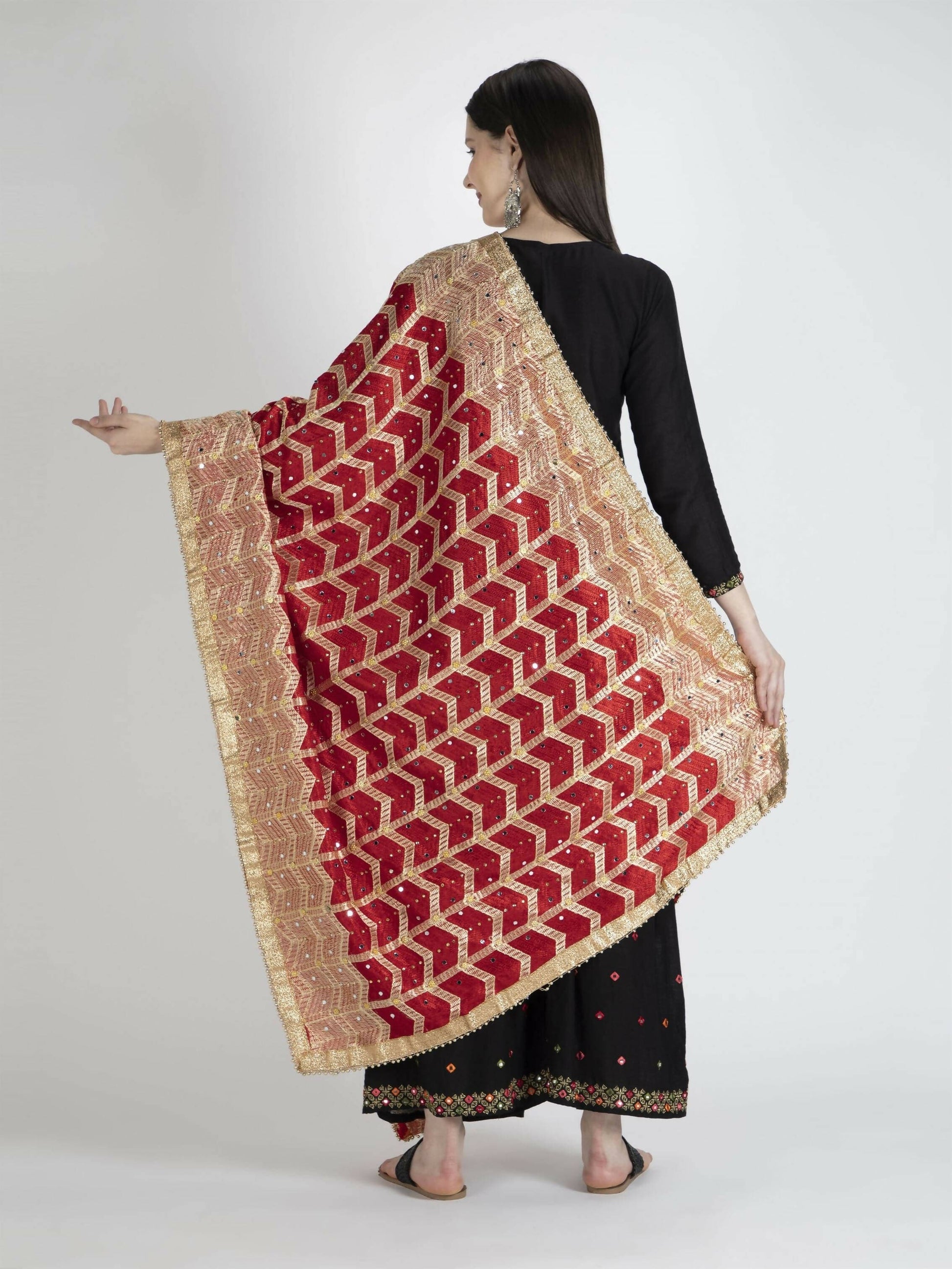 Red Phulkari dupatta with Heavy Lace (Multicolour designs) - HalfPe