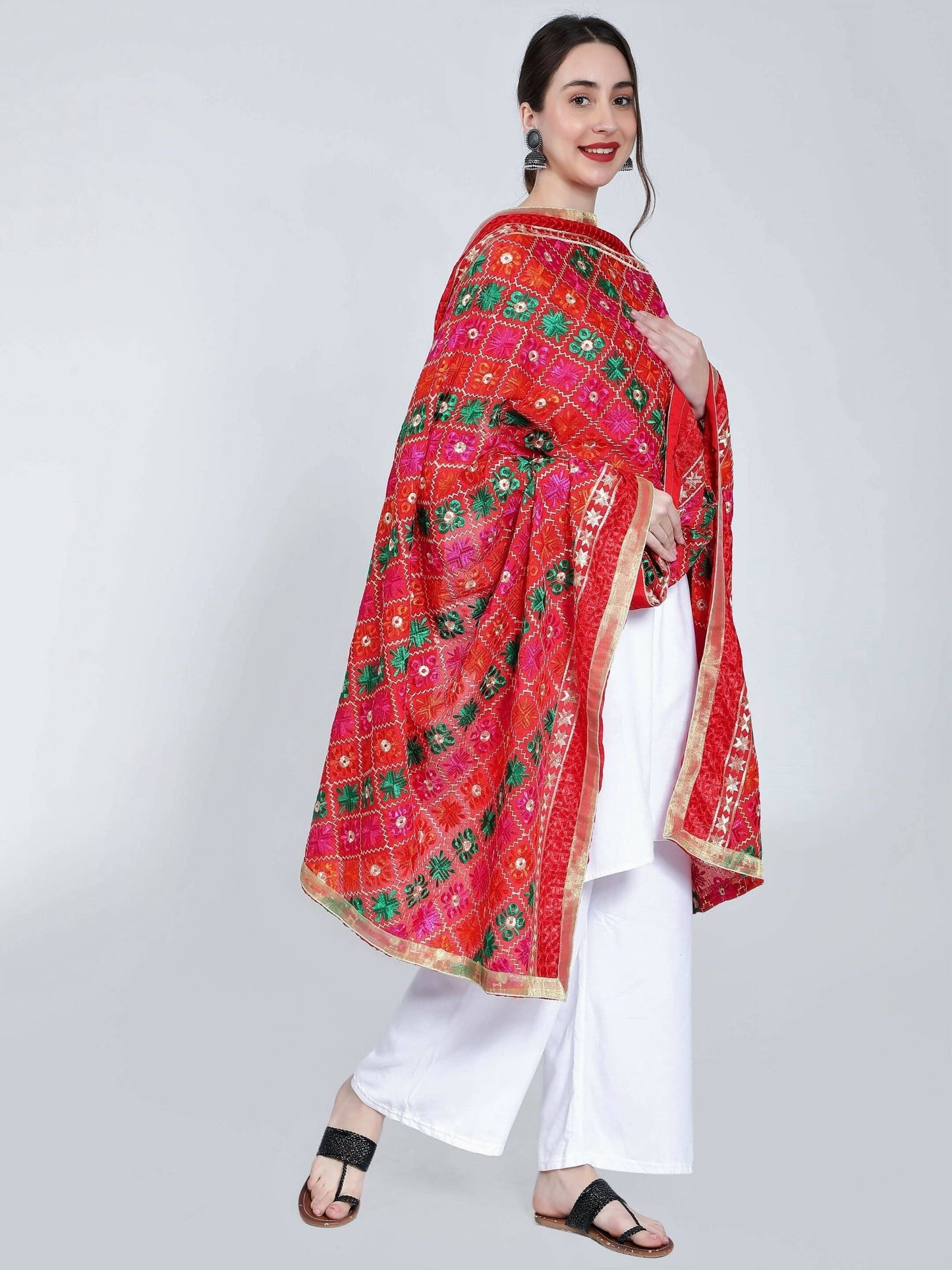 Multicolour Phulkari dupatta (red) - HalfPe