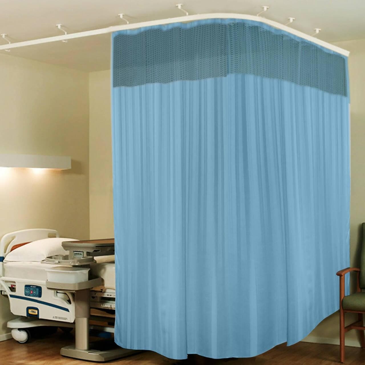 Hospital Partition Curtains, Clinic Curtains Size 15 FT W x 7 ft H, Channel Curtains with Net Fabric, 100% polyester 30 Rustfree Metal Eyelets 30 Plastic Hook, Sky Blue, Stripes (15x7 FT) - HalfPe