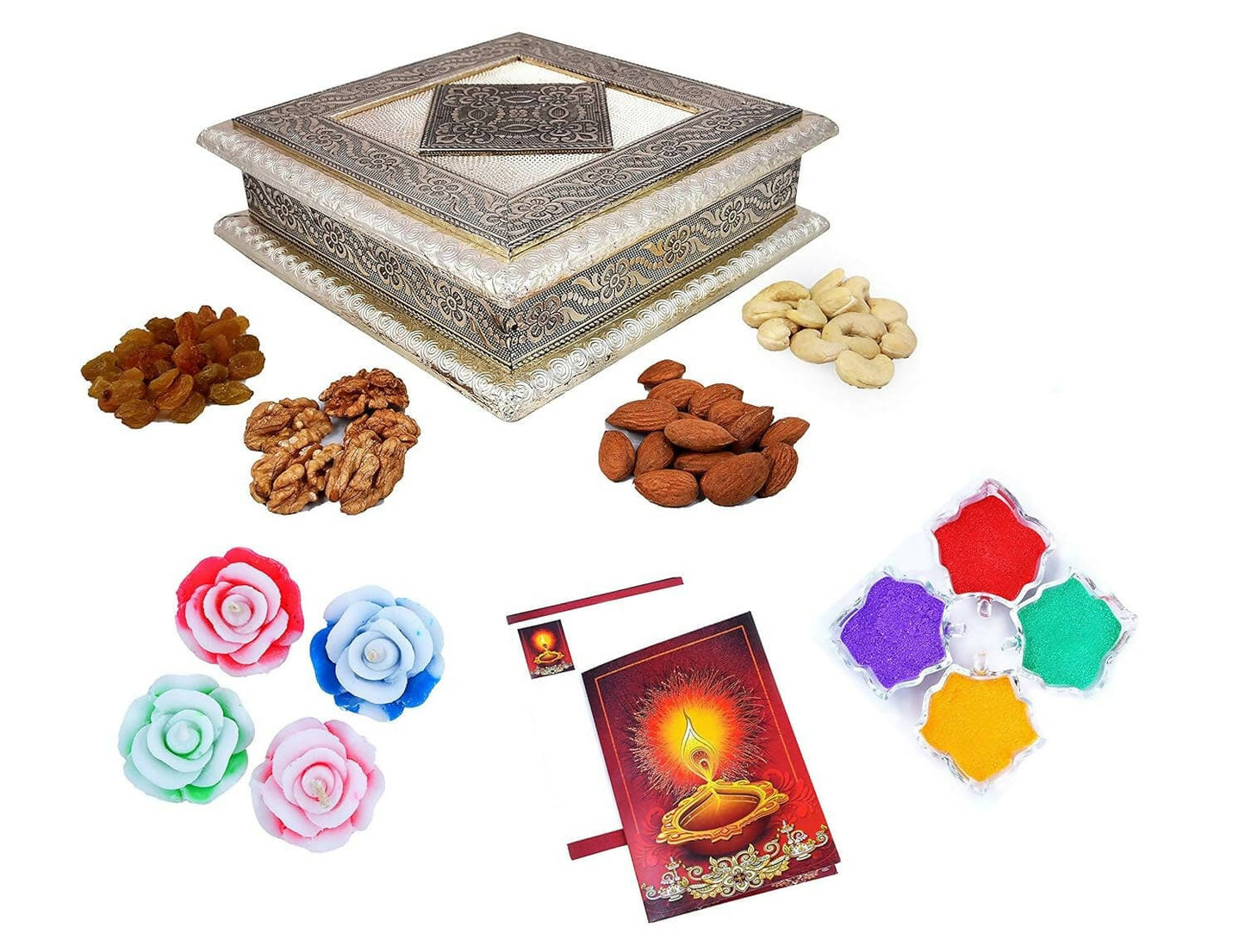 MANTOUSS Diwali Oxidised Dry Fruit Hamper/Pack/Combo-Cashew,Almond,Walnut and Raisin (50gms Each) 200gms + 2 Floating Diya, Diwali Greeting Card and Rangoli Colours - HalfPe