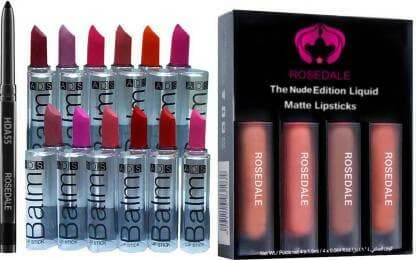 Crynn Smudge Proof HDA64 Makeup Beauty Kajal & ADS 12 Balm Matte Lipstick & Rosedale Nude Edition Set of 6 Liquid Matte Lipstick (19 Items in the set) - HalfPe