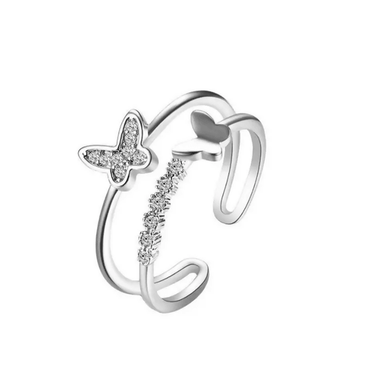 Pinapes American Diamond Butterfly Design Silver Plated Adjustable Ring For Women & Girls - HalfPe