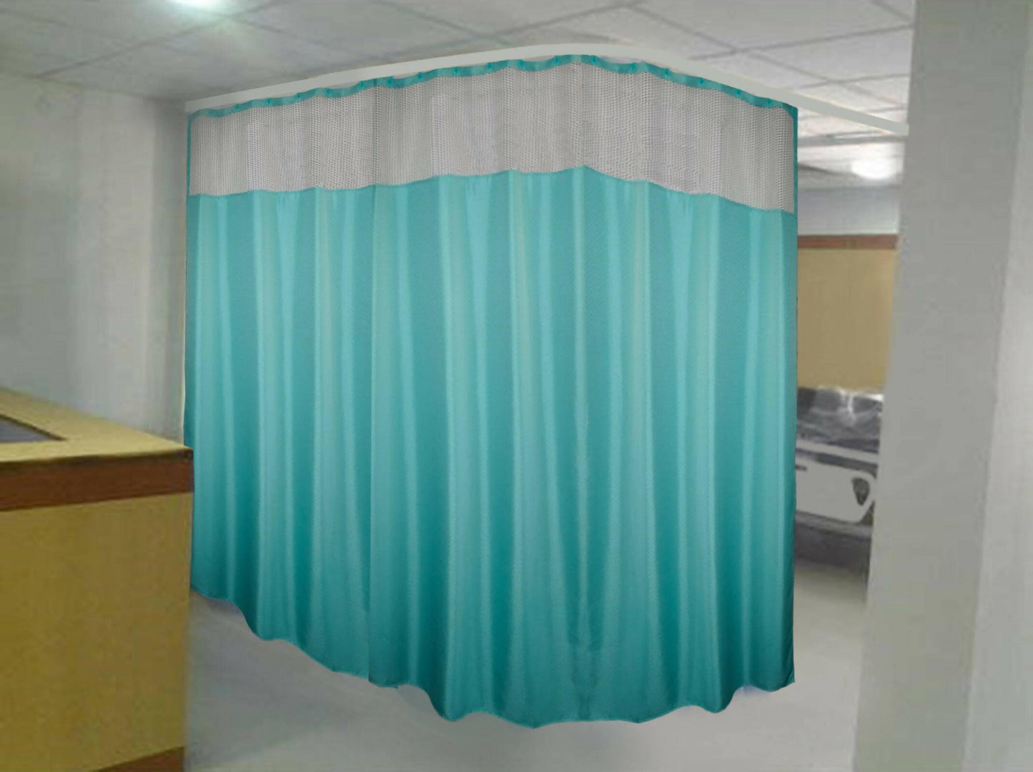 Hospital Partition Curtains, Clinic Curtains Size 16 FT W x 7 ft H, Channel Curtains with Net Fabric, 100% polyester 32 Rustfree Metal Eyelets 32 Plastic Hook, Dark Green, Zig Zag (16x7 FT) - HalfPe