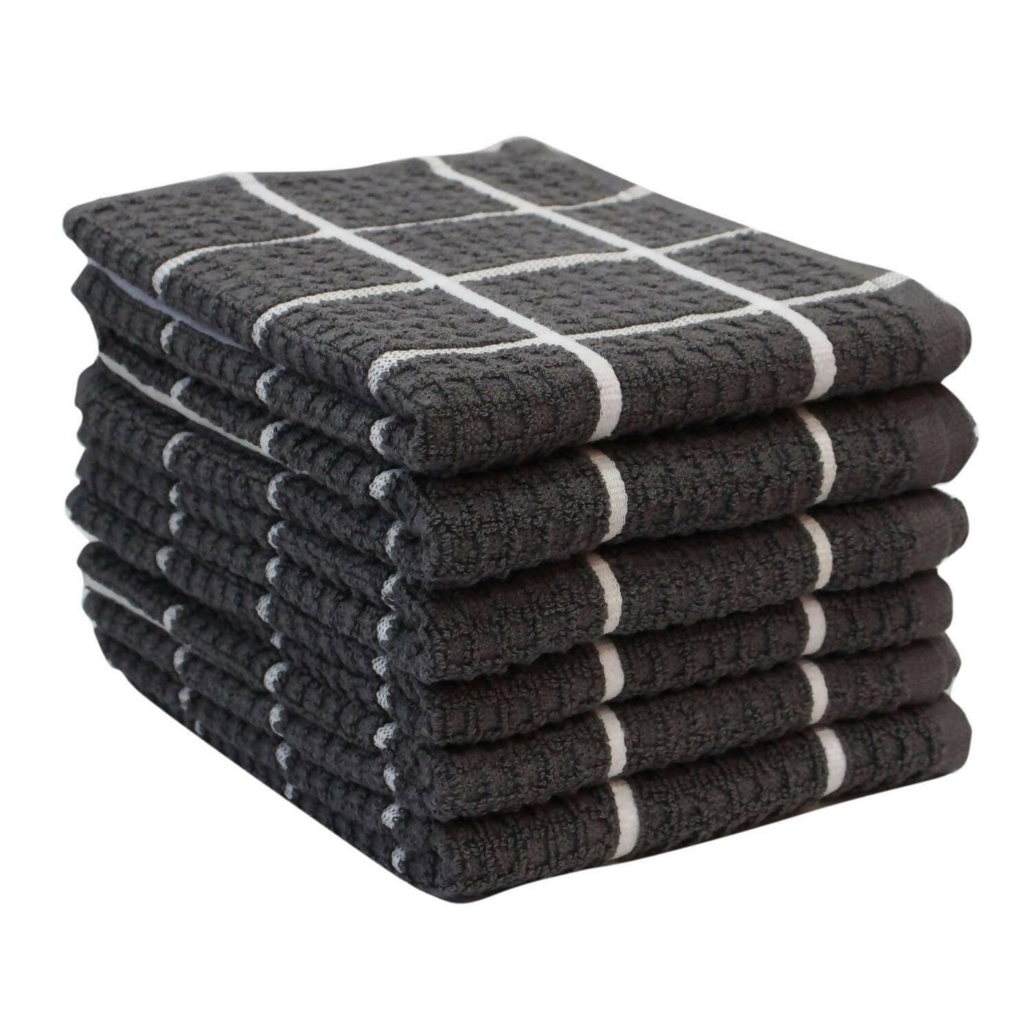 Lushomes Kitchen Cleaning Cloth, Terry Cotton Dish Machine Washable Towels for Home Use, 6 Pcs Grey Checks Hand Towel, Pack of 6 Towel, 16x26 Inches, 360 GSM (40x65 Cms, Set of 6, ) - HalfPe