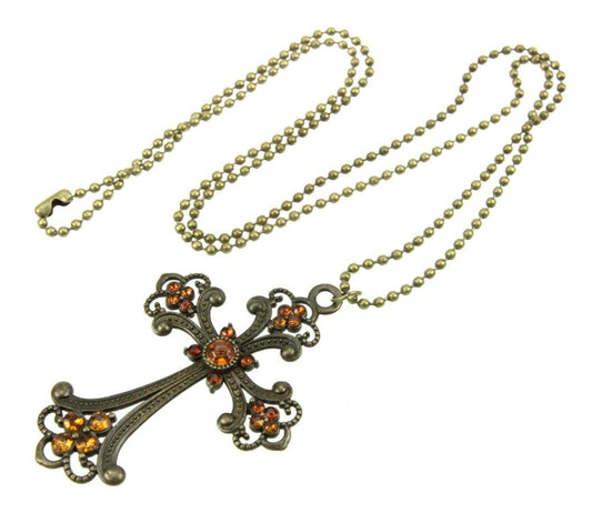 SENECIO Unisex Floral Cross Champagne Color Rhinestone Studded Long Ball Chain Vintage Look Bronze Alloy Necklace - HalfPe