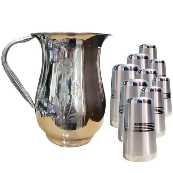 SHINI LIFESTYLE Stainless Steel Glass Set with Flower Jug (7) - HalfPe