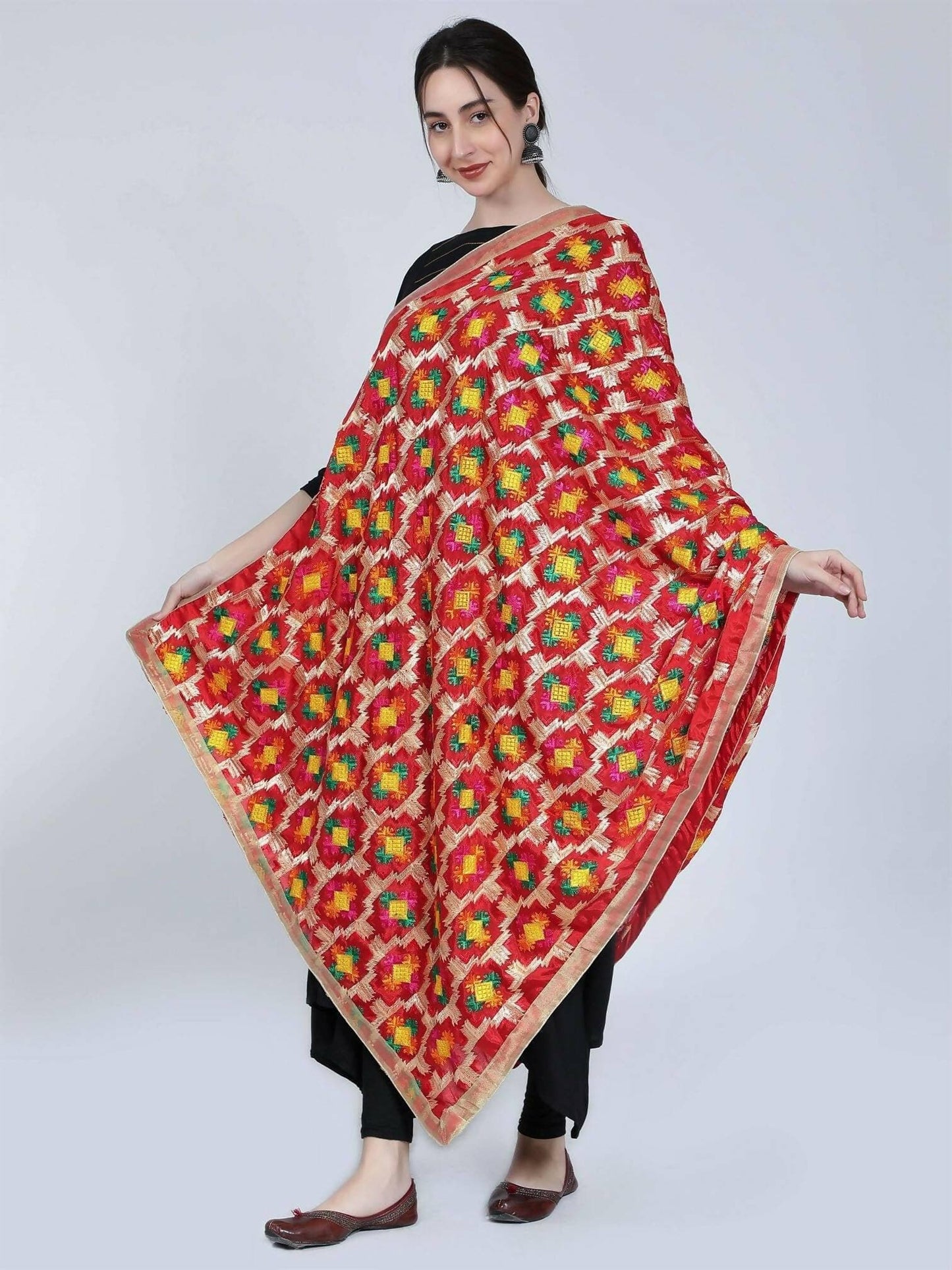 Phulkari dupatta with designs (red) - HalfPe