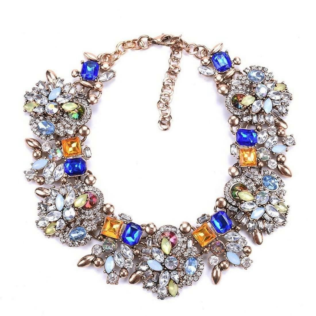 SENECIO Art Deco Style CZ Flower Shiny Rhinestone Colorful Crystal Choker Bridal Statement Necklace - HalfPe