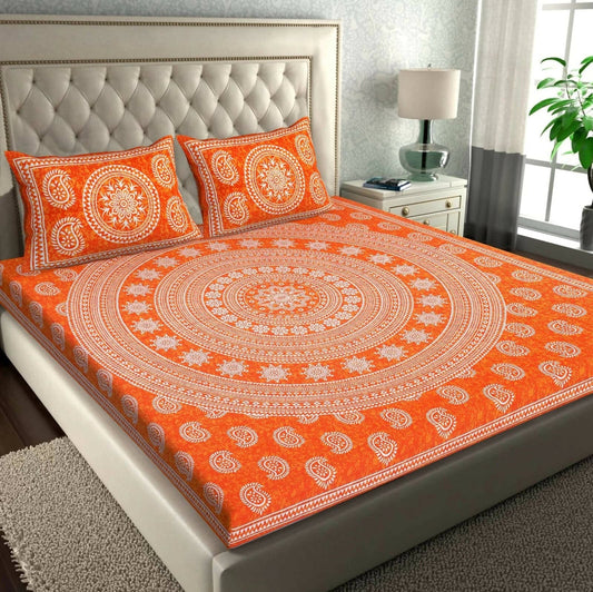 Jaipuri Traditional Leaf Print Orange Double Bedsheet with 2 Pillow Cover - HalfPe