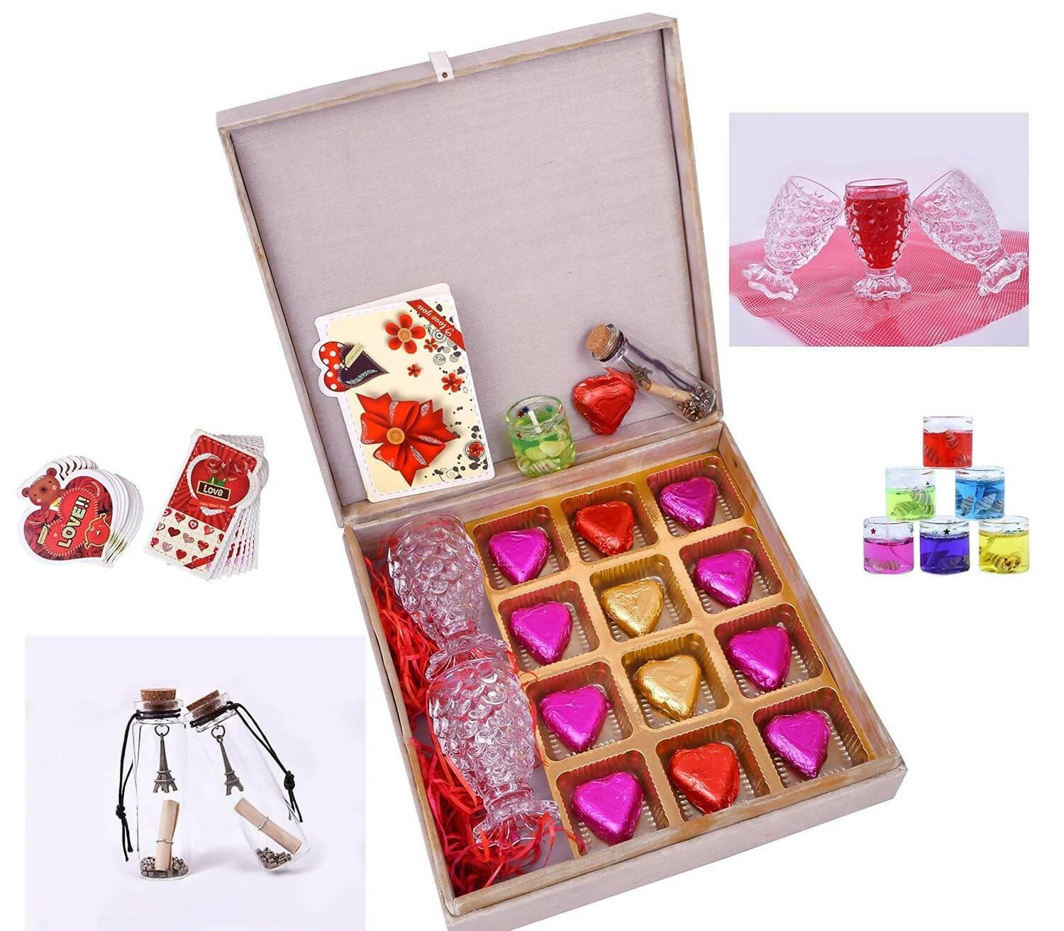 MANTOUSS Valentines Day Gift for Boyfriend/Girlfriend/Valentines Day Gift Hamper-Red Decorated Box Filled with Chocolates+2 Shot Glasses+Glass Candle+Greeting Card+Love Message Bottle - HalfPe