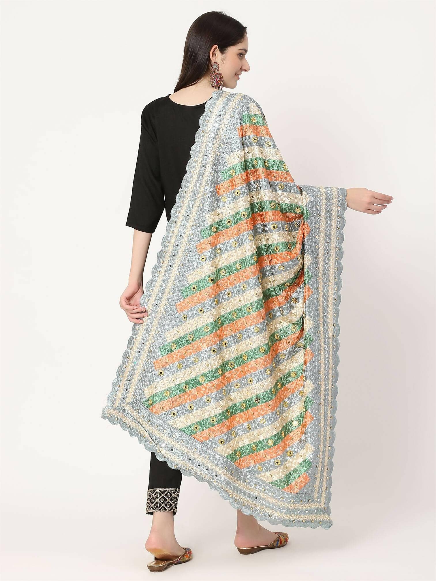 Grey Multicolour Embroidery Phulkari Dupatta with Beads - HalfPe