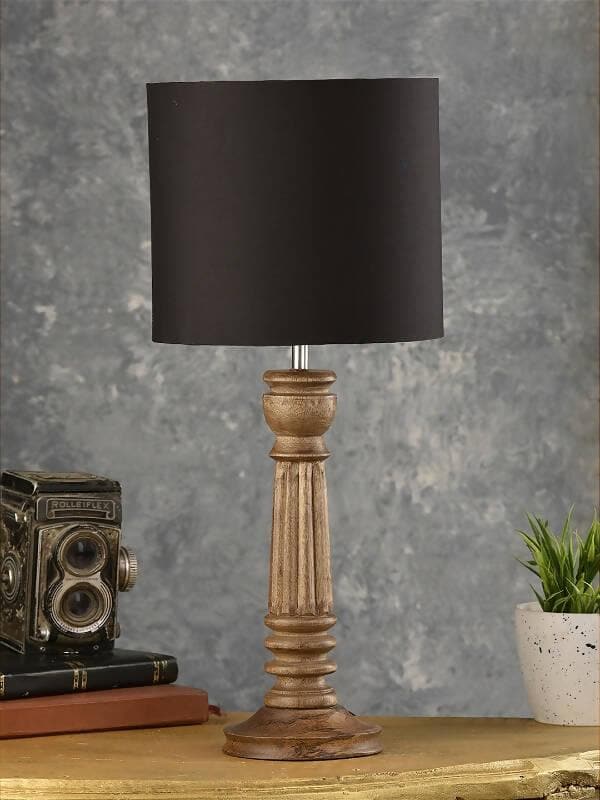 Green Girgit Pillar Brown Lamp With Black Cotton Shade - HalfPe