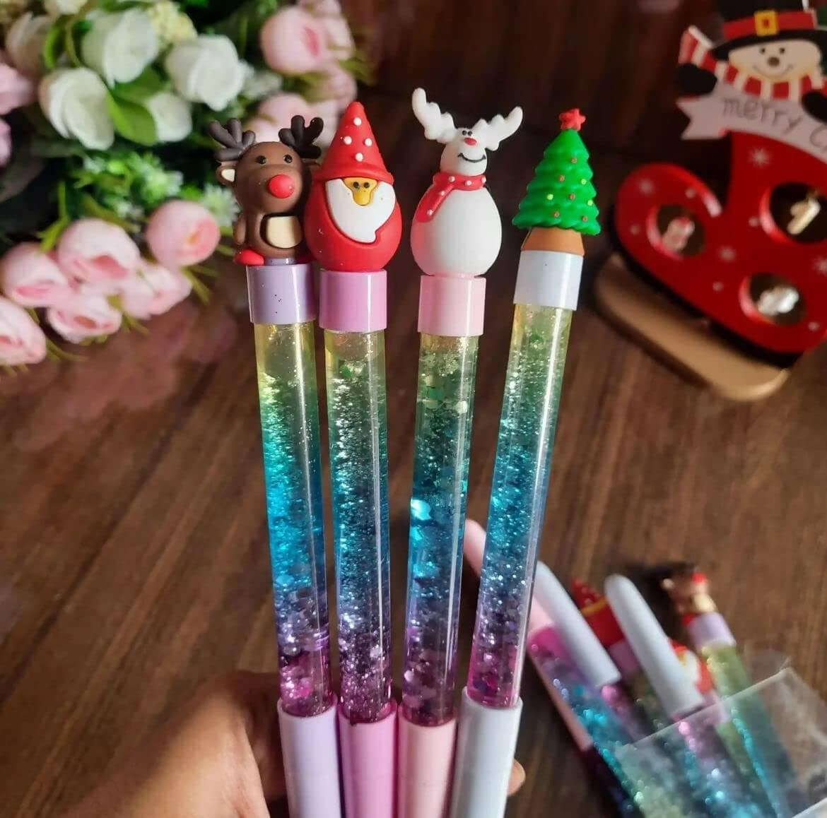 Le Delite Santa Claus Christmas Tree Reindeer Snowman Candy Shaped Pen Xmas Theme Water Glitter Gel Pens(Pack of 4) - HalfPe