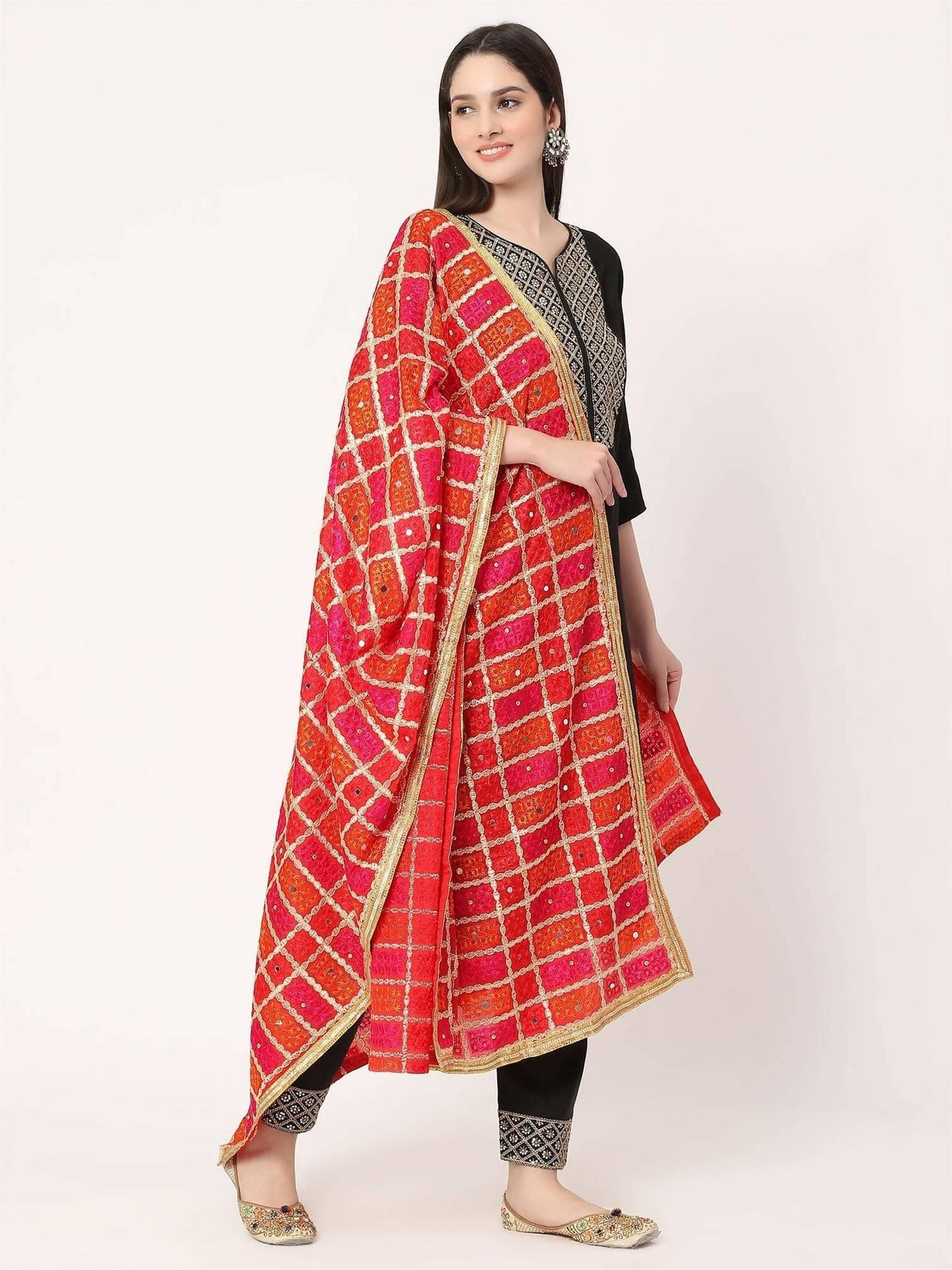 Red Embroidery Phulkari Dupattai With Mirror Work - HalfPe