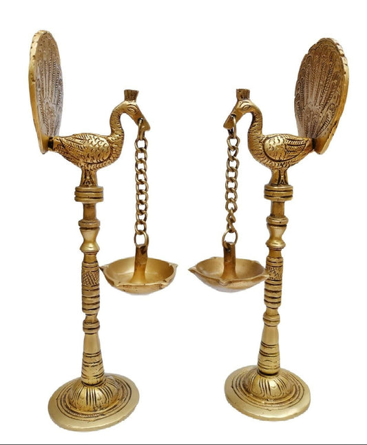 Brass Peacock Diya Pair | Pure Brass Peacock Vilakku Set (10 Inches) - HalfPe