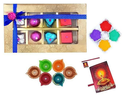 MANTOUSS Happy Diwali Chocolate Gift (Golden Decorative Box) + 4 Cute Diya, Diwali Greeting Card and Rangoli Colours - HalfPe