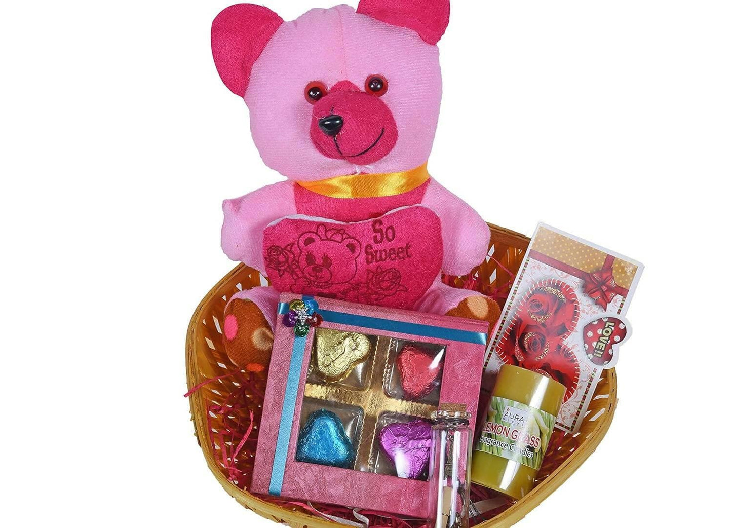 MANTOUSS Valentines Day Gift for Girlfriend/Boyfriend/Husband/Wife/finace-Beautiful Basket+Chocolates in a Decorated Box+Cute Teddy Bear+Message Bottle+Scented Candle+Valentines Day Card - HalfPe