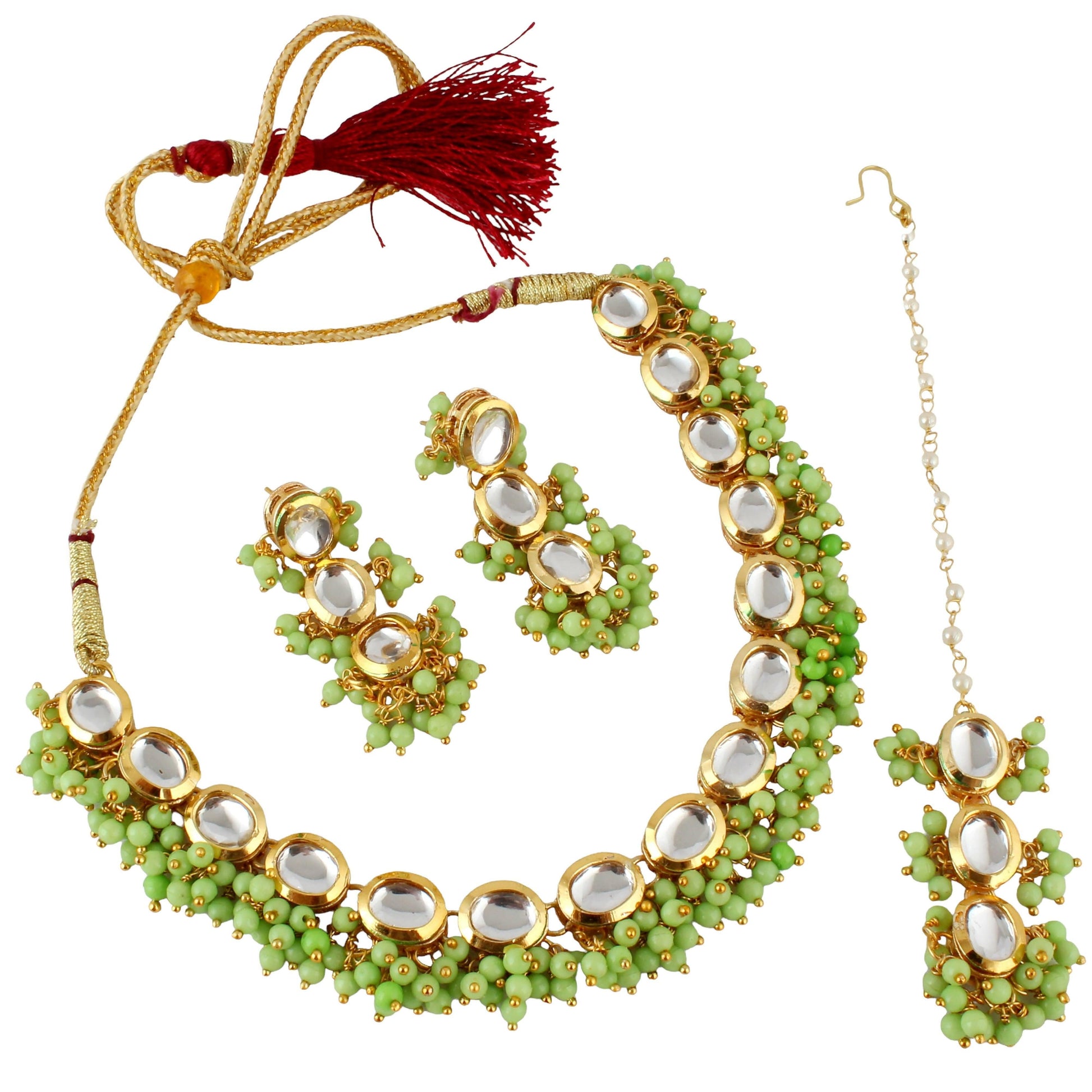 LUCKY JEWELLERY Back Meenakari 18k Gold Plated Light Green Color beads Tika Earring Combo Uncut Big Faux Kundan Choker Necklace set - HalfPe