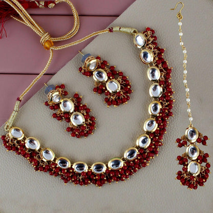 LUCKY JEWELLERY Back Meenakari 18k Gold Plated Maroon Color Tika Earring Combo Uncut Big Faux Kundan Choker Necklace set with large stones - HalfPe