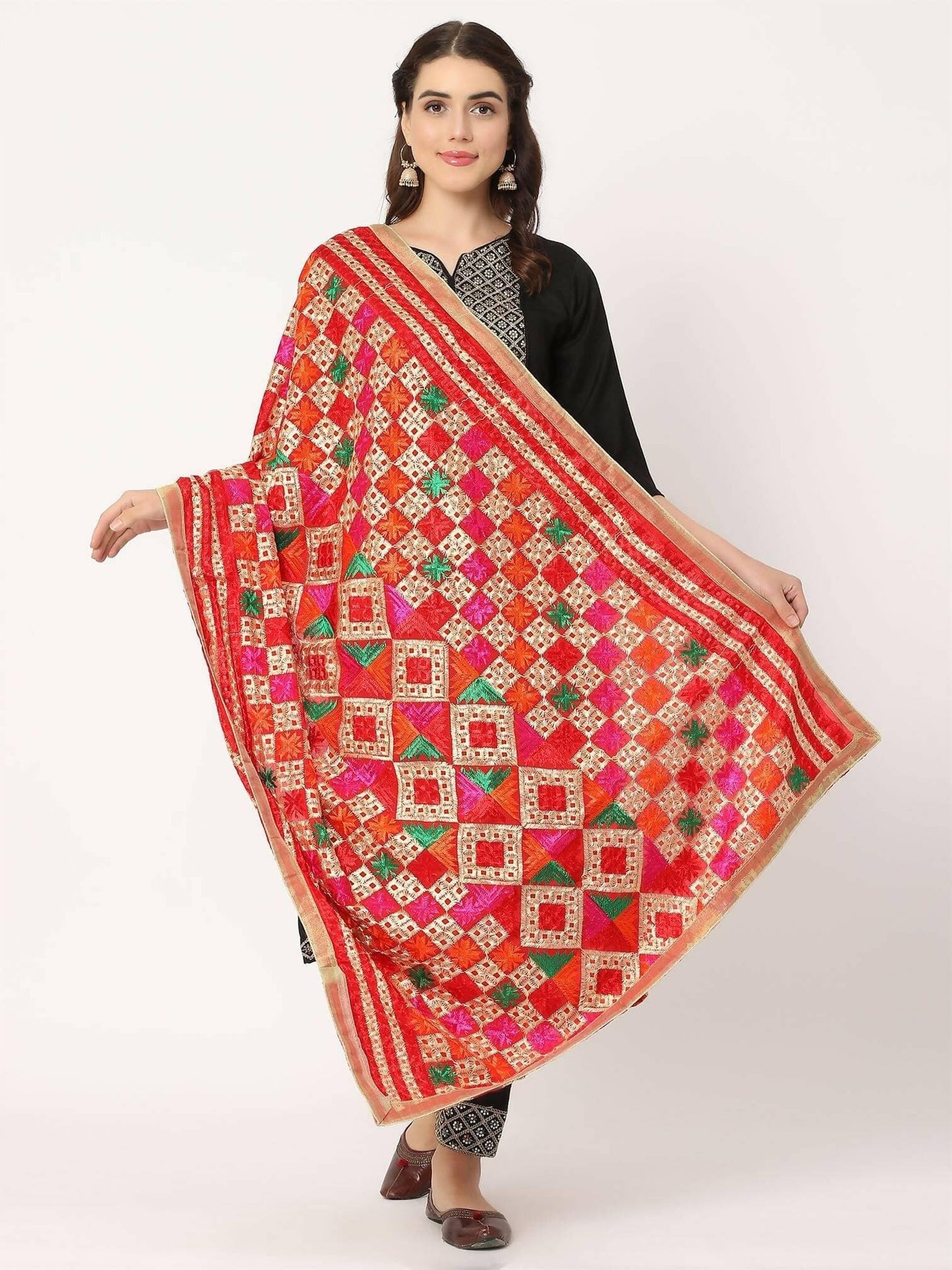 Red Multicolour Embroidery Phulkari Dupatta - HalfPe