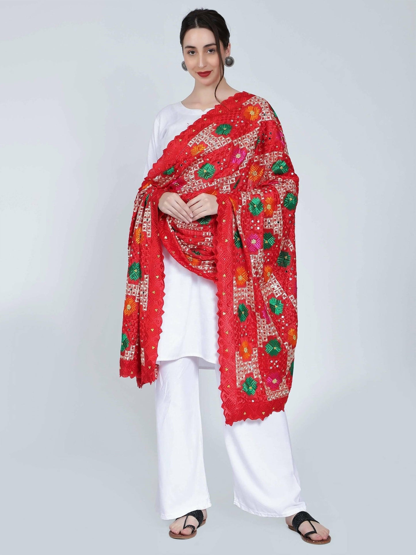 Phulkari dupatta with mirror work (red) - HalfPe