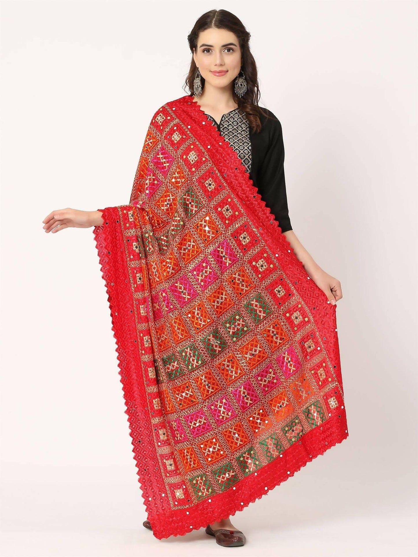 Red Multicolour check Design Embroidery Phulkari Dupatta with Mirror Work - HalfPe