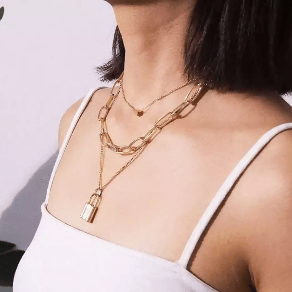 Pinapes Stainless Steel Layered Portrait Lock Pendant Chunky Thick Cuban Link Chains Choker Necklaces for Women - HalfPe