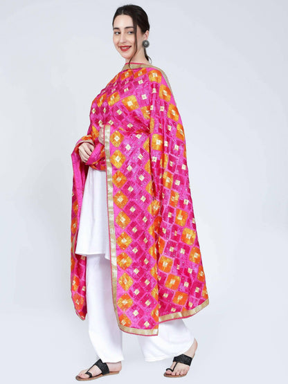 Multicolour Phulkari Dupatta (Magenta and Orange) - HalfPe