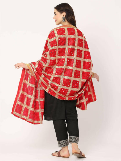 Red Embroidery Check Phulkari Dupatta with Mirror - HalfPe