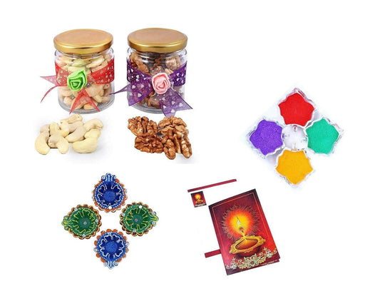 MANTOUSS Diwali Dry Fruit Decorative Glass Jar-Cashew and Walnut(100gms Each),200 GMS + 2 earthern Diya, Diwali Greeting Card and Rangoli Colours - HalfPe