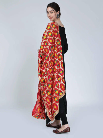 Phulkari dupatta with designs (red) - HalfPe