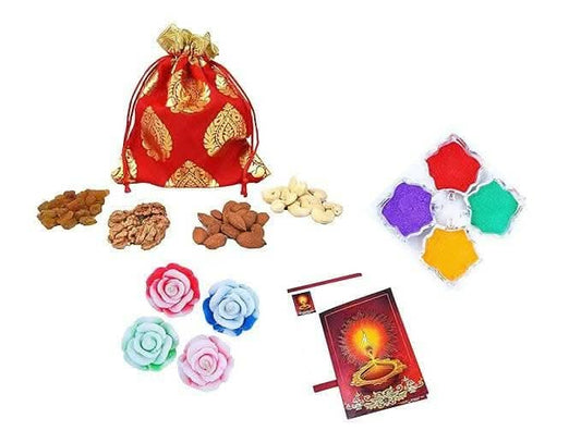 MANTOUSS Diwali Dry Fruit Red Exclusive Potli-Cashew,Almond,Walnut and Raisin (50gms Each) 200gms +2 Floating Diya, Diwali Greeting Card and Rangoli Colours - HalfPe