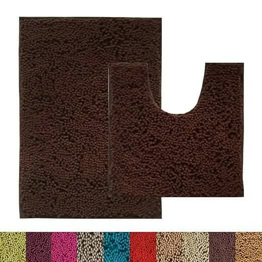 Lushomes Bathroom Mat, 2200 GSM Floor Mat with High Pile Microfiber, anti skid mat with Contour footmat Anti Slip (Bathmat Size 16 x 24 Inch, Contour Size 16 x 16 Inch, Single Pc, Dark Brown) - HalfPe