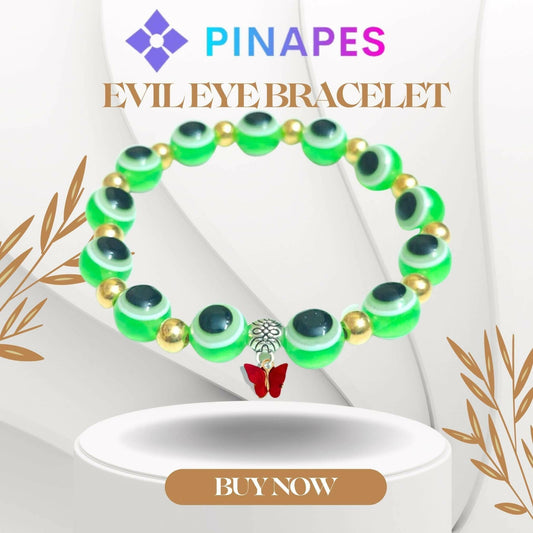 Pinapes Butterfly Beads and Evil Eye Charm Bracelet A Must-Have for Fashionable and Superstitious Women with red butterfly (light green) - HalfPe