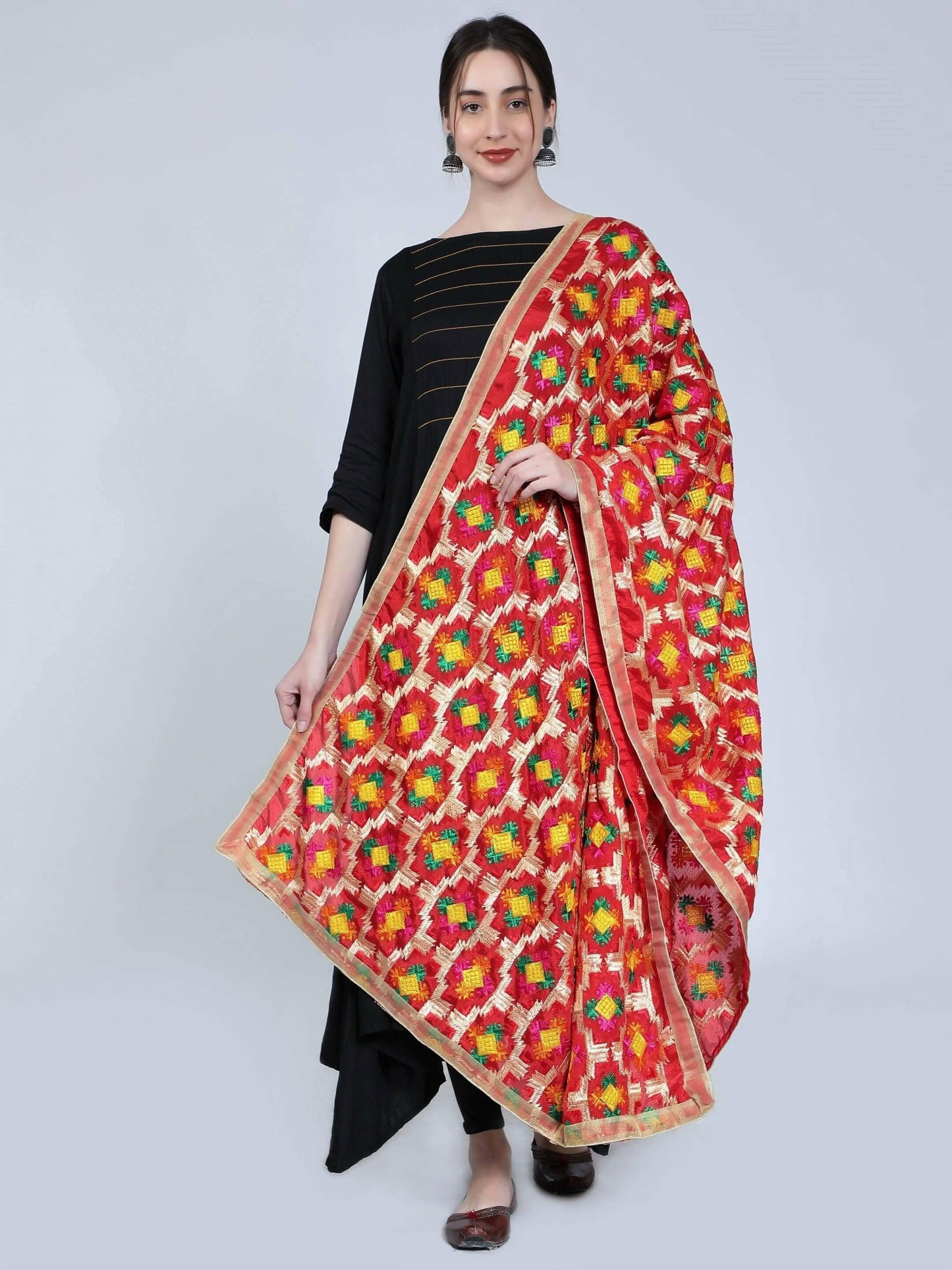 Phulkari dupatta with designs (red) - HalfPe