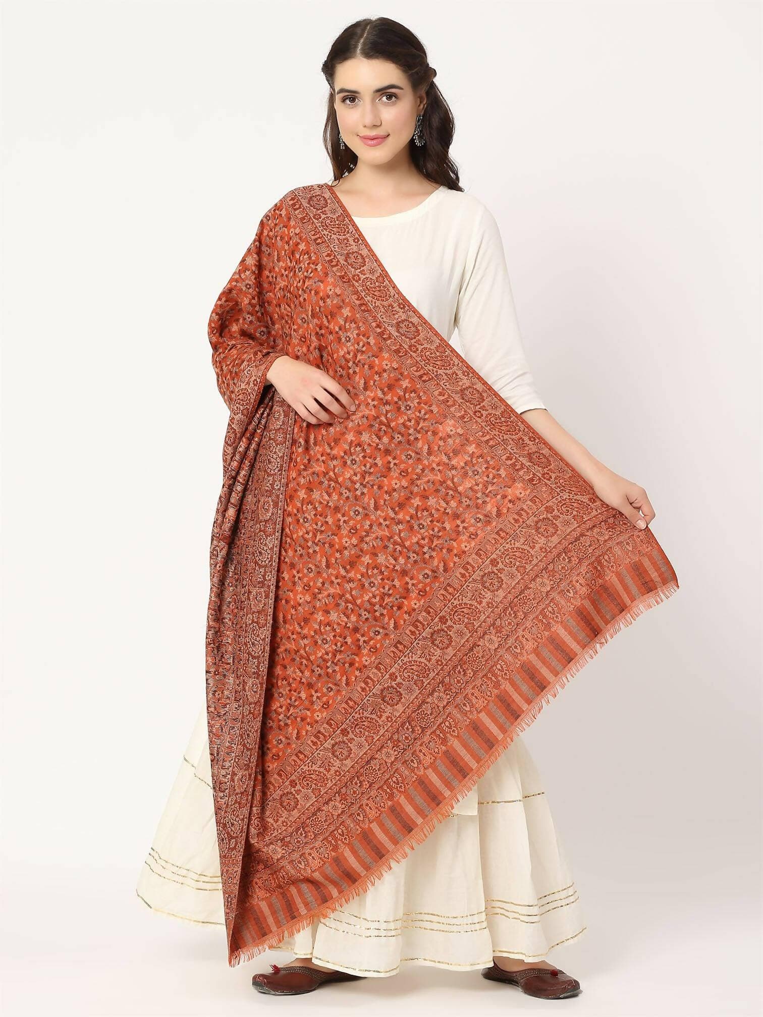 Dark Mustard Pure Wool Kani Multiweave Shawl for women - HalfPe