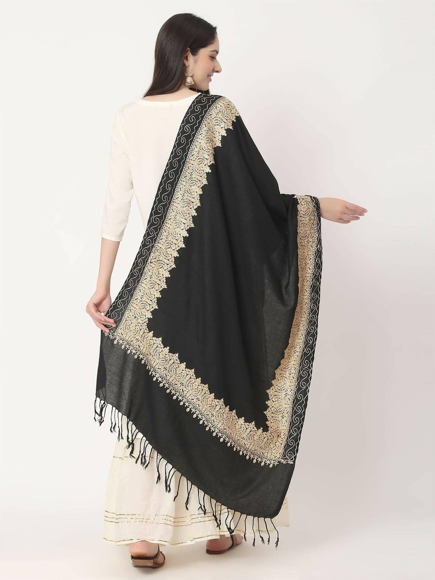 Black Brown Embroidered Stole for women - HalfPe