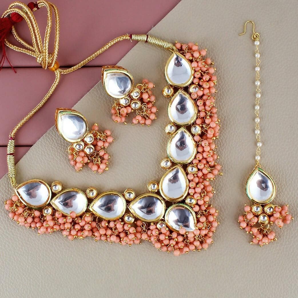 LUCKY JEWELLERY Back Meenakari 18k Gold Plated Peach Color Tika Earring Combo Uncut Big Faux Kundan Choker Necklace set - HalfPe