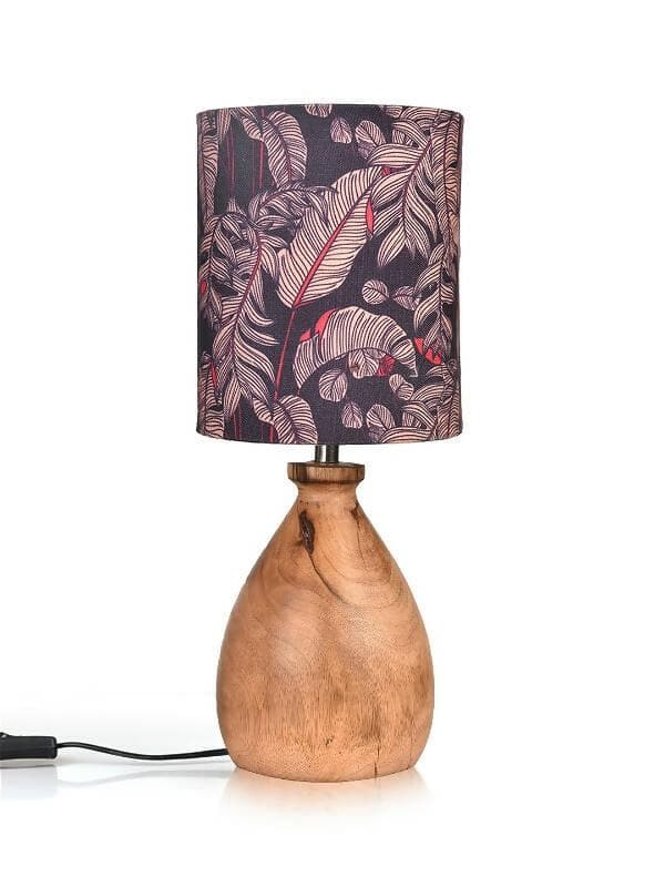 Wooden Dome Table Lamp With Blue Leaves Shade - HalfPe