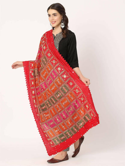 Red Multicolour check Design Embroidery Phulkari Dupatta with Mirror Work - HalfPe