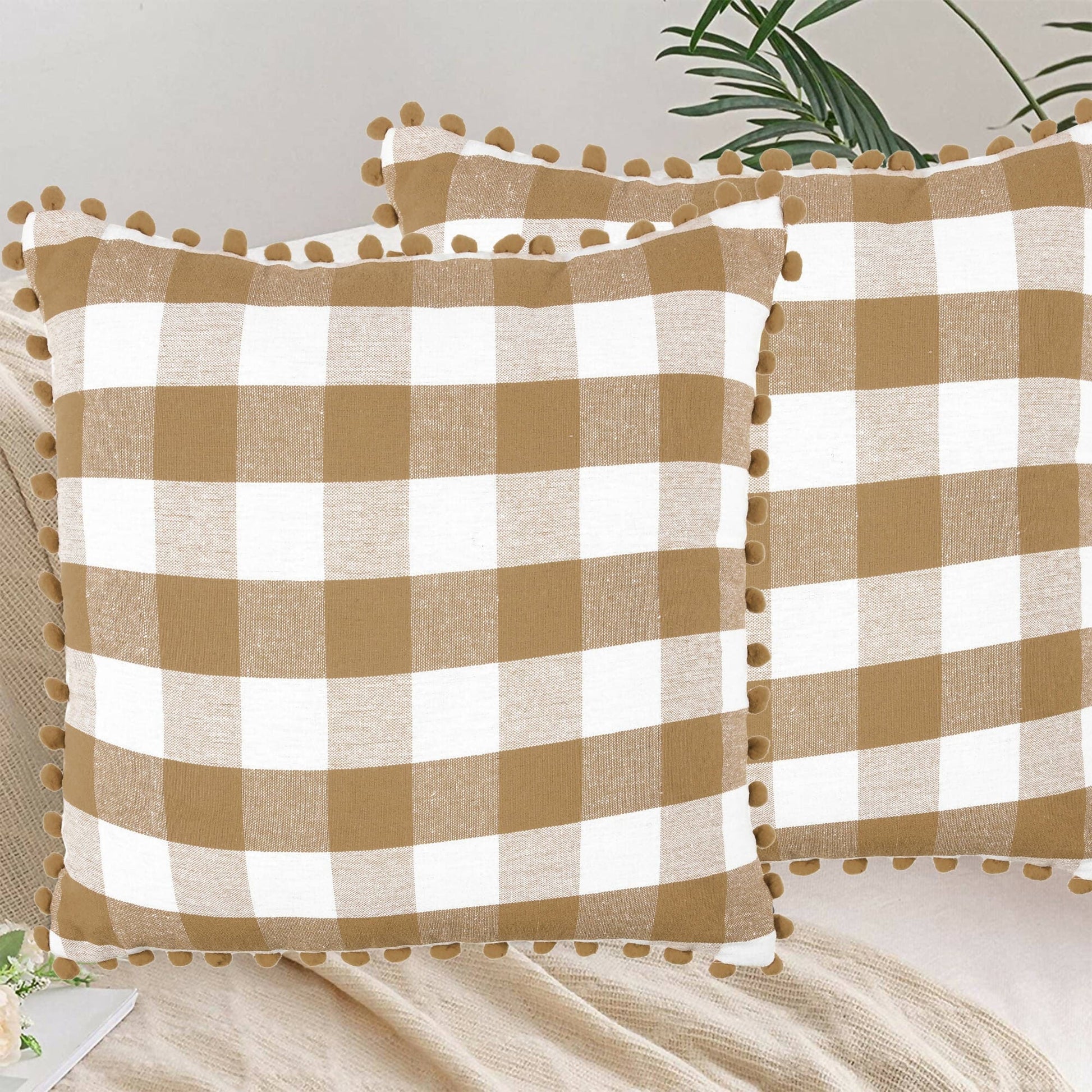 Lushomes Square Cushion Cover with Pom Pom, Cotton Sofa Pillow Cover Set of 2, 20x20 Inch, Big Checks, Beige and White Checks, Pillow Cushions Covers (Pack of 2, 50x50 Cms) - HalfPe