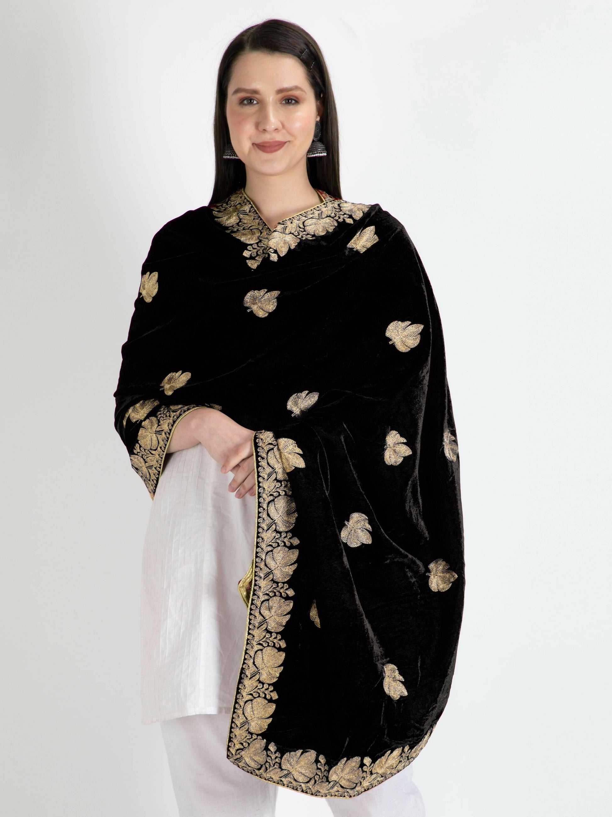 Velvet Embroidery Shawl Dupatta (Black) - HalfPe