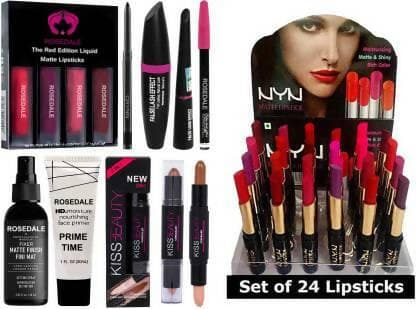 Crynn Rosedale 3in1 Eyeliner Mascara Eyebrow Glazed Eyeshadow Kiss Contour Makeup Accessories & Red Edition Liquid Matte Lipstick (6 Items in the set) - HalfPe